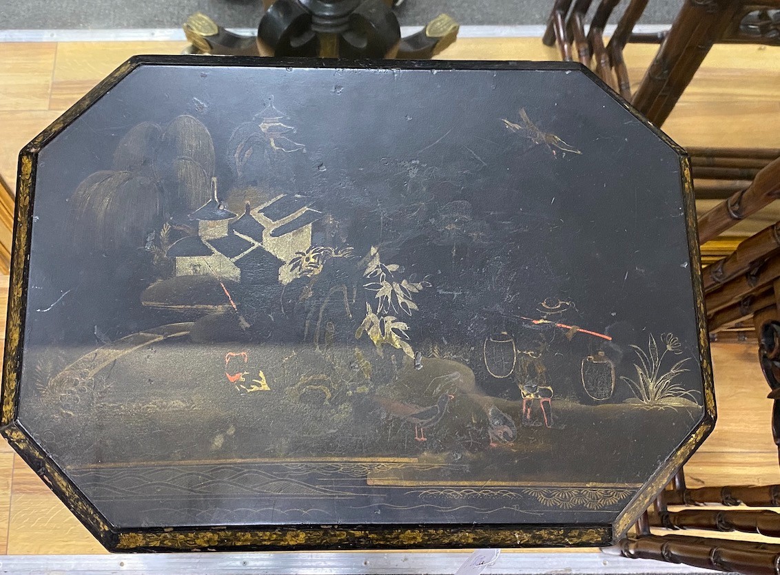A 19th century chinoiserie lacquer octagonal teapoy, width 46cm, depth 33cm, height 74cm
